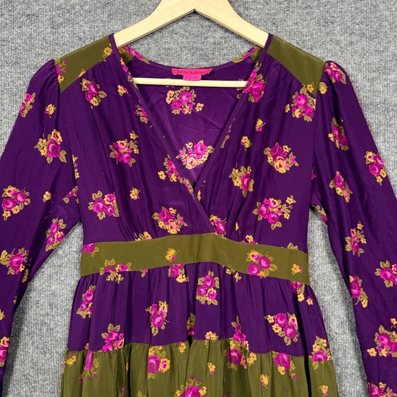 Betsey Johnson Size 6 Tiered Midi Shift Dress Purple Brown Silk Floral V Neck - Picture 3 of 10